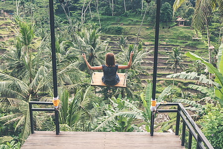 girl sitting on swing near green trees thumbnail