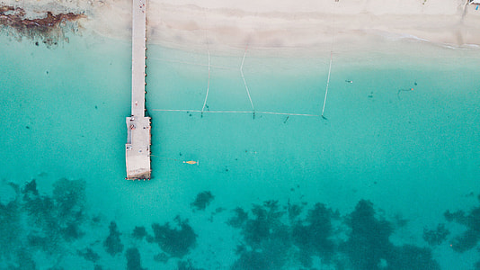 white sand beach with brown boat dock thumbnail