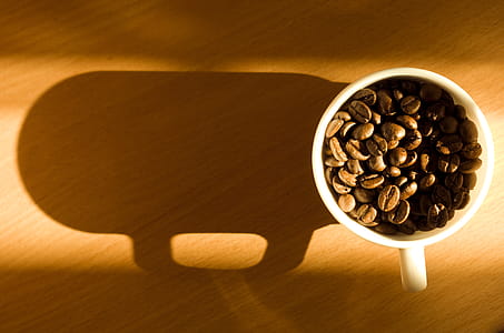 coffee beans in mug on brown surface thumbnail