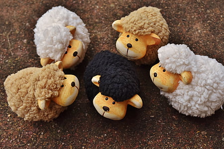 five brown, white, and black sheep plush toys thumbnail