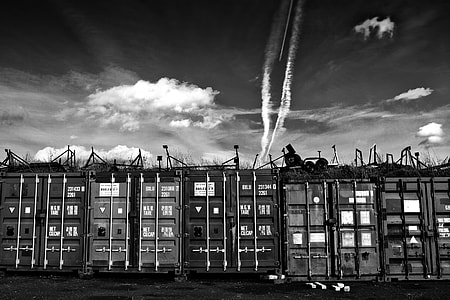 High-contrast monochrome image of some shipping containers in Faversham, Kent, England thumbnail