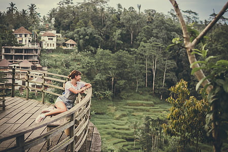 woman sitting on beside near trees thumbnail