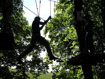 silhouette of man climbing rope on top of trees at daytime thumbnail