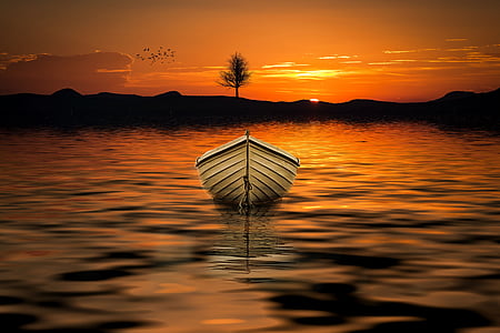 illustration of white row boat on body of water during sunset thumbnail