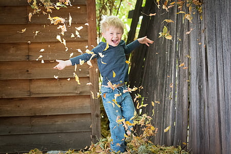 boy playing with dried leaves during daytime thumbnail