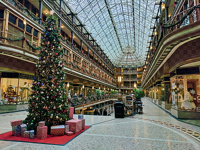 Christmas tree surrounded by gift boxes inside building thumbnail