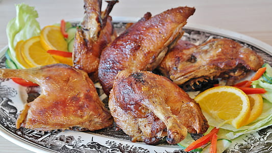 roasted chicken on white ceramic platter thumbnail