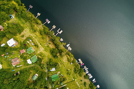 Amazing aerial view. Houses in the woods near the river at summer thumbnail