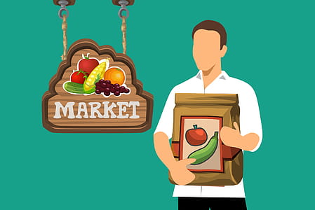 Illustration of man shopping fresh food at a market. thumbnail
