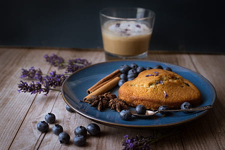 pancake with grapes on blue ceramic plate thumbnail