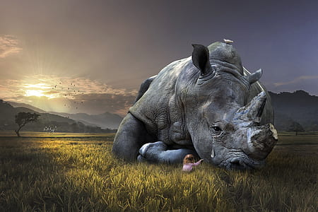 girl sitting beside rhino crying laying on green grass field thumbnail