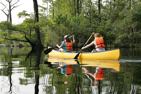 man and woman riding yellow kayak on body of water thumbnail