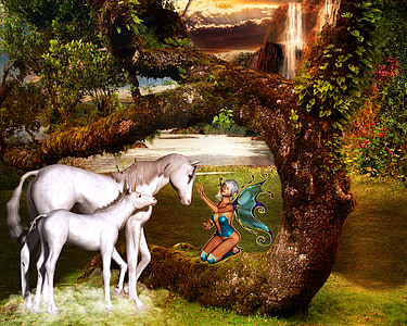 woman with blue wing holding face of white horse illustration thumbnail