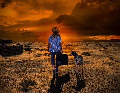 girl holding bag walking with dog digital wallpaper thumbnail