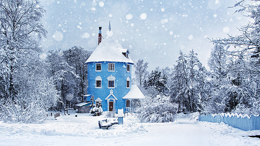photo of blue house covered with snow thumbnail