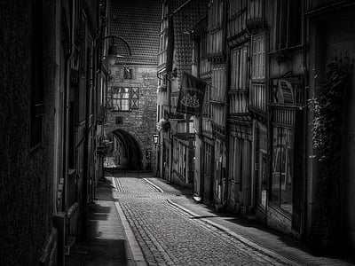 black and white painting of alley thumbnail