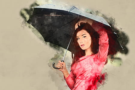woman in red long-sleeved top holding black umbrella thumbnail