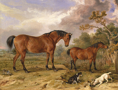 two brown horses and two dogs near trees painting thumbnail