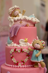 pink icing covered 3-tier cake with bear toppings thumbnail