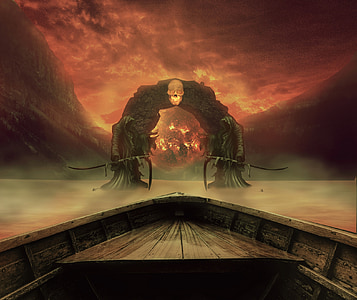 boat in front of skull arch illustration thumbnail