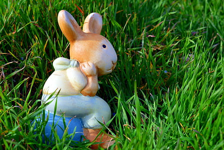 brown, white, and blue ceramic rabbit figurine on green grass at daytime thumbnail