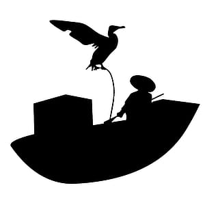 Silhouette of fisherman in boat with bird. thumbnail