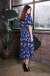 woman wearing blue and white floral dress facing window thumbnail