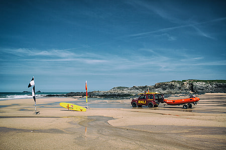 Lifeguard boat and surfboards on a beach in Cornwall in the South-West of England. Image captured with a Canon 5D thumbnail