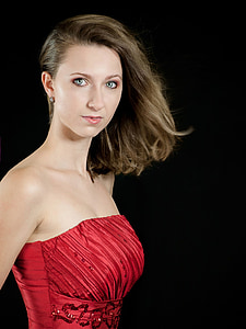 woman wearing red strapless dress thumbnail