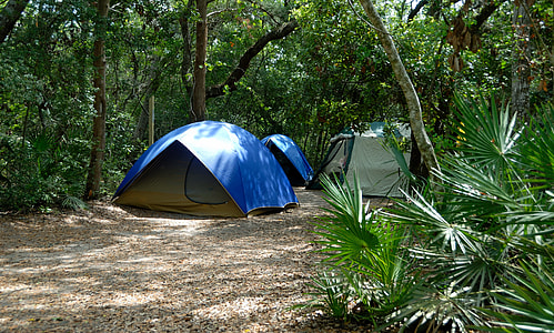 blue and gray tents surrounded by trees thumbnail