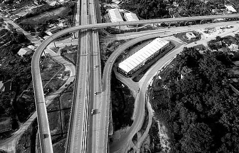 Grayscale Top View Photography of Roads Near Trees thumbnail