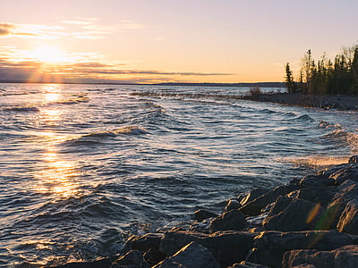 wide angle photo of body of water during sunrise thumbnail