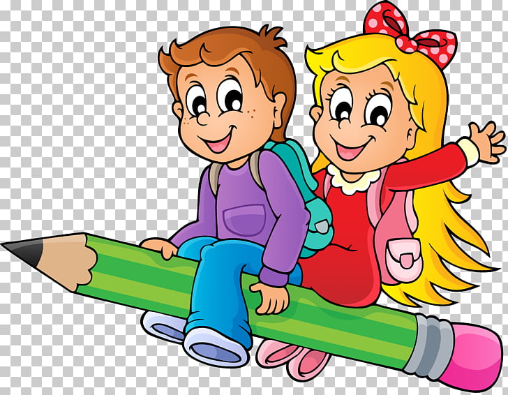 Pencil Drawing School Kids Boy And Girl Riding Pencil