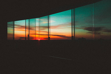 sunset, clouds, windows, silhouette, glass, nature thumbnail