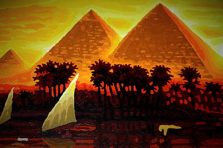 white sailboats and red-and-black trees near brown pyramids paintings thumbnail