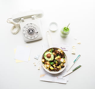 white rotary telephone beside foods thumbnail