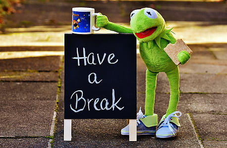 Have a Break chalkboard beside frog plush toy holding mug thumbnail