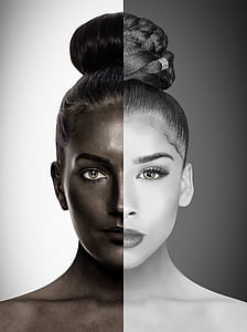 two women half-face grayscale portrait photo thumbnail