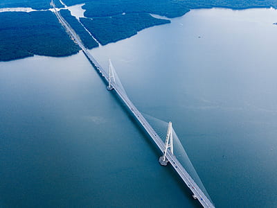 aerial photography of grey metal bridge and body of water during daytime thumbnail