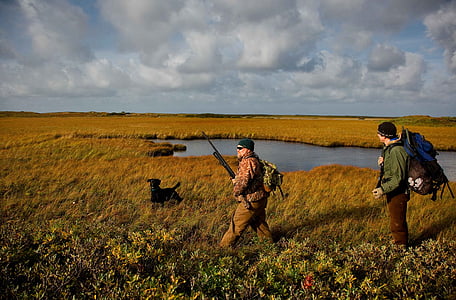 dog near walking man holding rifle in front of standing man carrying backpack at the field thumbnail