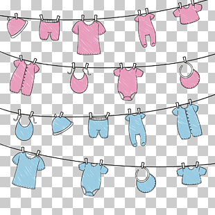 Infant clothing, hanging baby clothes, pink and blue clothes hanged on rope illustration PNG clipart