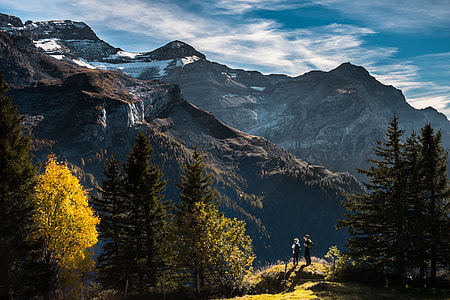 two person standing near cliff beside trees with overlooking of mountain covered by snow thumbnail