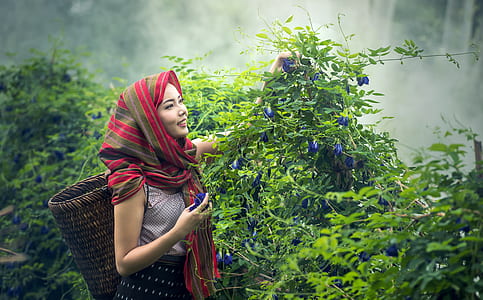woman in white sleeveless top and red and brown striped headscarf holding green plants thumbnail