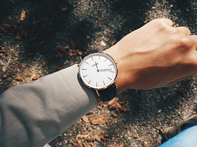 person wearing round silver-colored analog watch thumbnail
