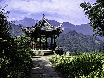 Guangfu pavilion, with summit visible in background in Mount Emei, Sichuan, China thumbnail