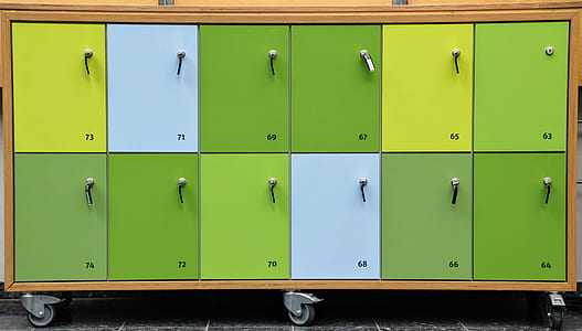 green, brown, and blue wooden locker cabinet thumbnail