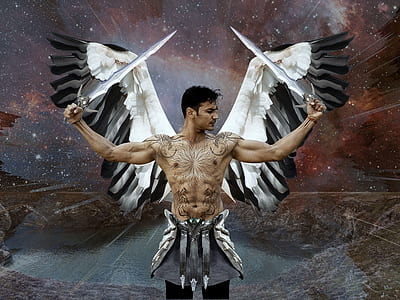 topless man holding two swords with wings edited photo thumbnail