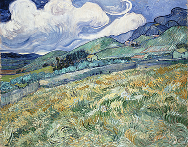 green grass field near houses and mountain painting thumbnail