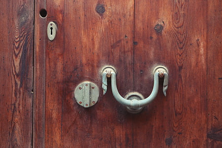 white metal door knocker on wooden door thumbnail