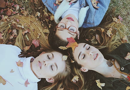 photography of 3 girls laying on grass with leaves thumbnail